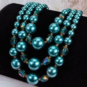 Vintage JAPAN Blue Faux Pearl 3 Strand Necklace